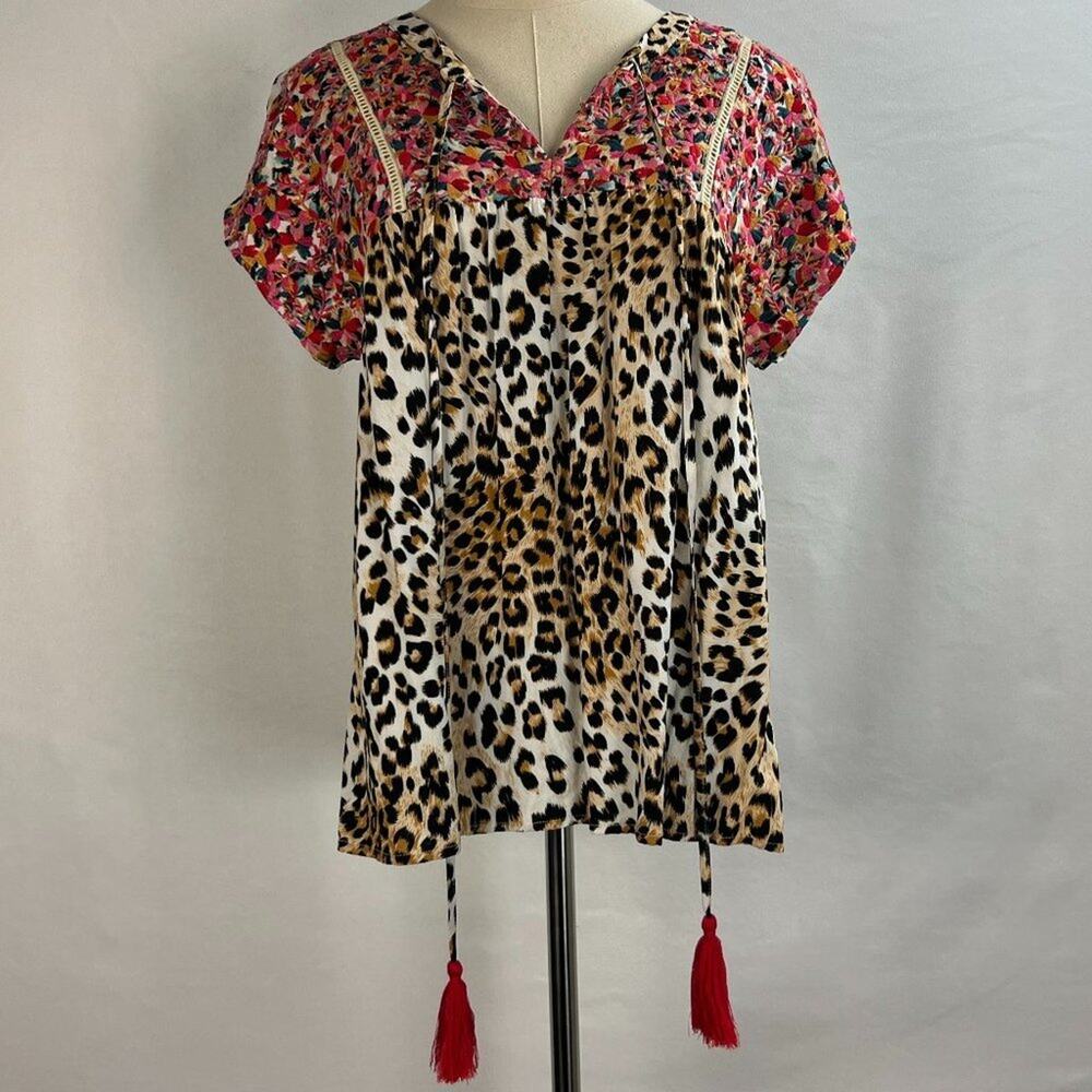 Savanna Jane Cheetah Print Floral Top with Tassels Size S